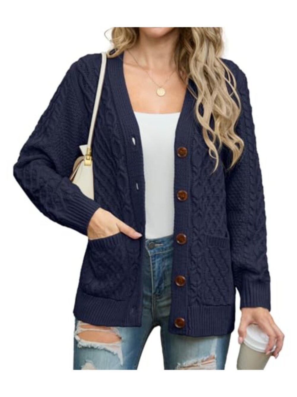 Women Chunky Cable Knit Cardigan Open Front Long Sleeve Button Down with Pockets